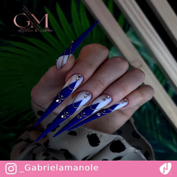 Extra Long Stiletto Blue Nails with Embellishment